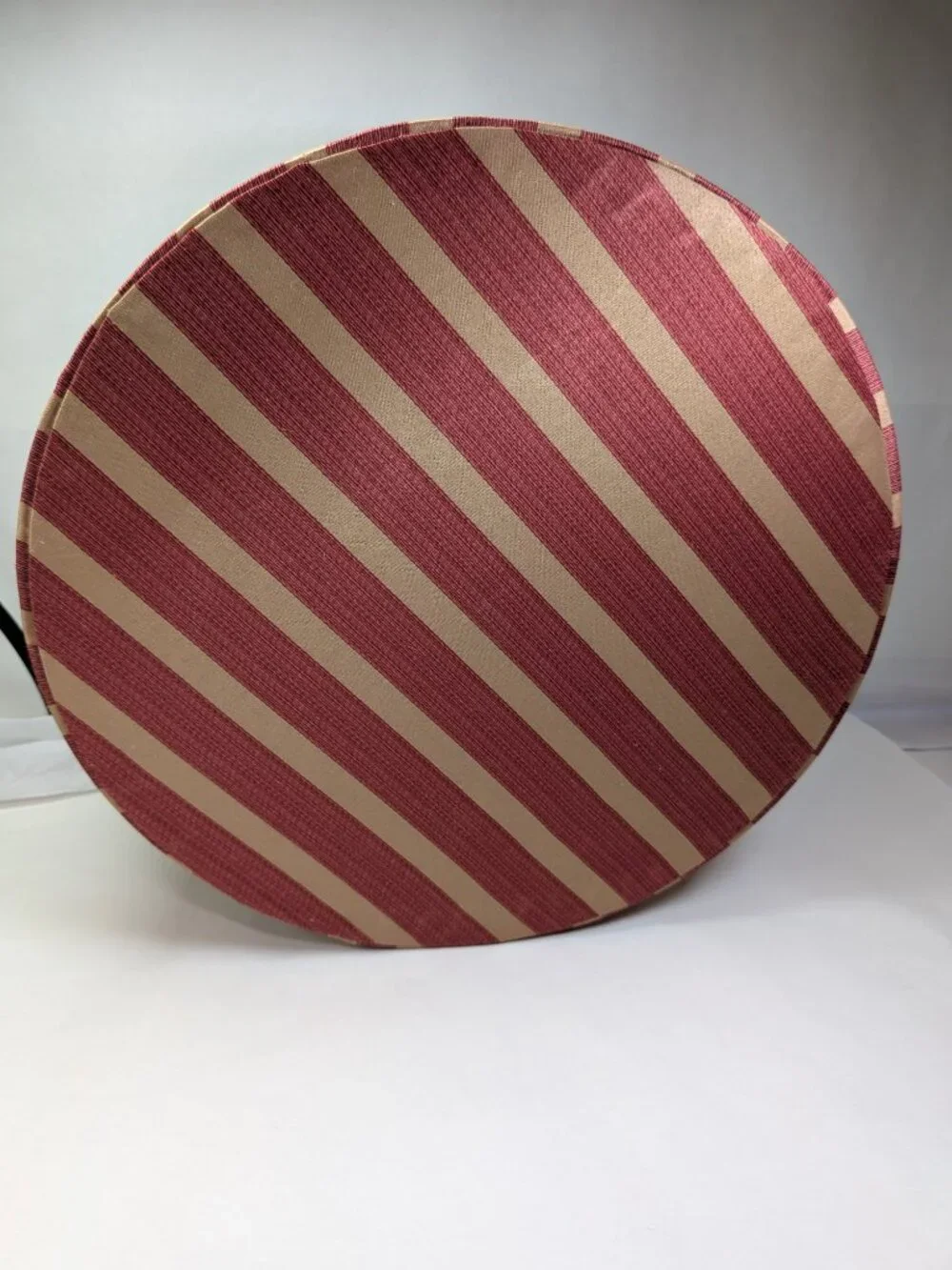 Vintage Red Fabric Covered Round Hat Box Padded Damask Lid Striped Storage 16